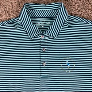 Vineyard Vines Mens Medium Performance Polo Green/Blue Striped CYGNUS Logo Shirt